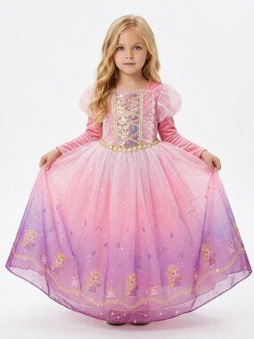 Girls Rapunzel Princess Costume Dress Pink Velvet Sequin Tulle Princess Print